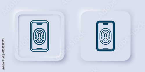 Filled and outline Smartphone with fingerprint scanner icon isolated on grey background. Concept of security, personal access via finger on mobile. Square button. Vector