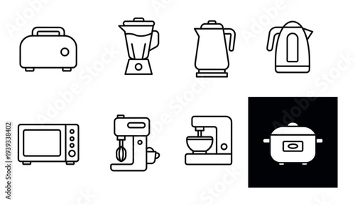 Set of eight kitchen appliance vector icons featuring a toaster, blender, kettle, microwave, stand mixer, and slow cooker in a simple, clean outline illustration graphic style
