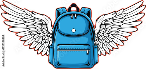 Blue backpack with white wings, fantasy school bag design, flying concept, flat vector illustration, cad drawing style, kids creativity