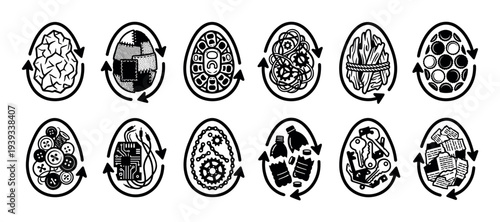 Collection of recycling and waste sorting icons depicted in a bold black and white graphic style, showing materials like plastic, paper, metal, and textiles inside egg shapes