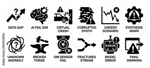 Collection of black glyph icons representing technological failures, data errors, and AI simulation problems like virtual crashes, corrupted synthesis, and unknown anomalies