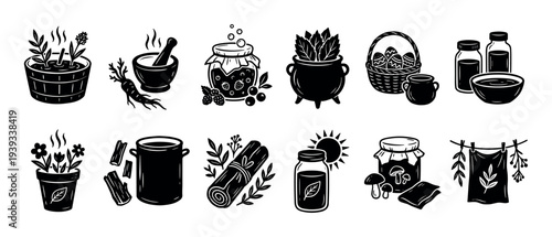 Collection of black folk art icons depicting herbalism, witchcraft, and rustic traditions like jam making, foraging, and potion brewing in a simple linocut vector style