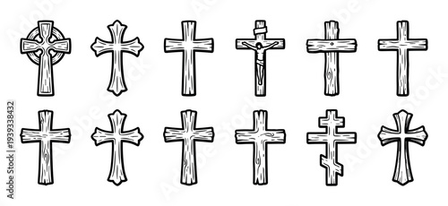 Collection of twelve hand-drawn Christian crosses in various designs, including Latin, Celtic, and Orthodox, rendered in a black and white sketch illustration style