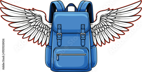 Blue backpack with white wings, creative school bag design, flying concept, flat vector illustration, cad drawing style, kids imagination