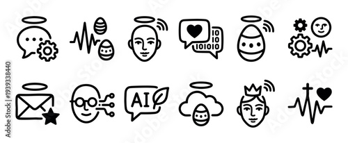 Collection of black line art icons blending technology and spirituality with symbols of AI, faith, Easter, and emotion in a minimalist, hand-drawn doodle style illustration