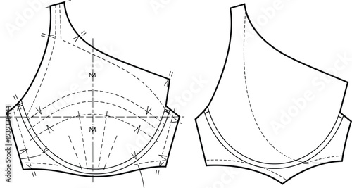 Bodice pattern technical sketch, front view, dart shaping, seam allowance, notches, bust curve, cad drawing flat vector illustration