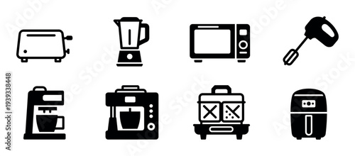 Set of black kitchen appliance icons featuring a toaster, blender, microwave, mixer, coffee maker, waffle iron, and air fryer in a minimalist glyph style for graphic design