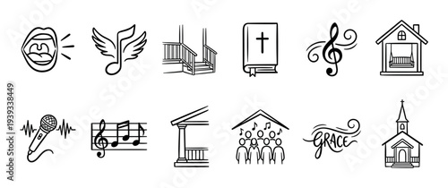 Black and white doodle icon set for Christian praise and worship, featuring a church, bible, singing choir, music notes, and the word grace in a hand-drawn style