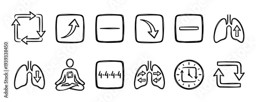 Set of hand-drawn breathing exercise icons illustrating inhale, exhale, hold, and box breathing techniques for meditation and mindfulness in a simple black and white doodle style