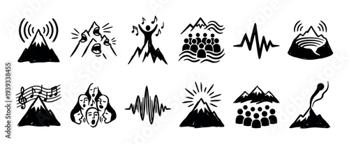 Set of hand-drawn black ink icons illustrating concepts of sound, music, and voice using mountain imagery, singing faces, sound waves, and community symbols in a sketch style