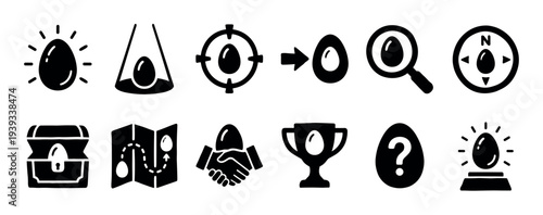 Black glyph icon set illustrating the concept of finding a hidden Easter egg, with symbols for search, discovery, quest, treasure, reward, and secret bonus features