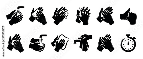 Hand washing instruction icons set showing the correct procedure for personal hygiene and disease prevention, including lathering, rinsing, and drying steps in a simple black glyph style