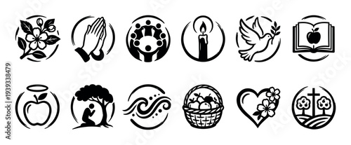 Set of black religious spiritual icons featuring praying hands, a dove, a cross, a candle, and other Christian symbols representing concepts of faith, hope, and community