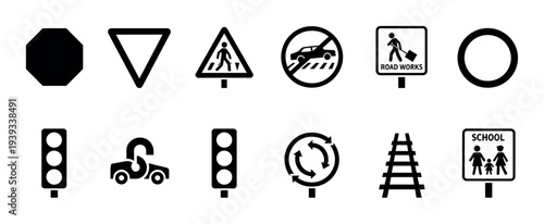 Collection of twelve black traffic sign icons for road safety and regulation, including stop, yield, pedestrian crossing, and school zone symbols in a minimalist graphic style