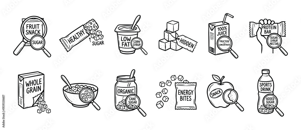 Fototapeta premium Set of hand-drawn food icons illustrating the concept of hidden sugar in seemingly healthy products like juice, yogurt, and protein bars, presented in a black and white doodle style