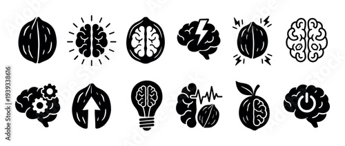 Collection of black glyph icons representing brain health, intelligence, and ideas with walnut, lightbulb, and gear symbols in a minimalist vector style set for creative concepts