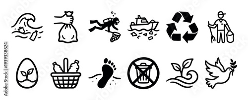 Environmental and ecology themed icon set featuring symbols for pollution, cleanup, recycling, and conservation in a simple black line art style