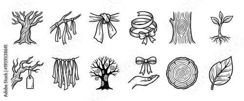 Collection of hand-drawn tree and ribbon illustrations in a rustic doodle style, featuring a sapling, wood slice, leaf, bow, and various nature-themed decorative elements