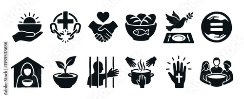 Black Christian ministry and social justice icon set showing symbols of charity, compassion, community, equality, peace, and faith in a simple glyph illustration style