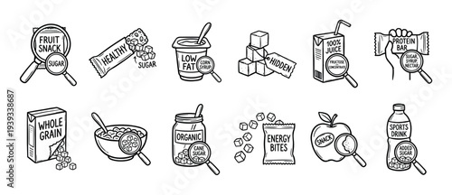 Set of hand-drawn food icons illustrating the concept of hidden sugar in seemingly healthy products like juice, yogurt, and protein bars, presented in a black and white doodle style