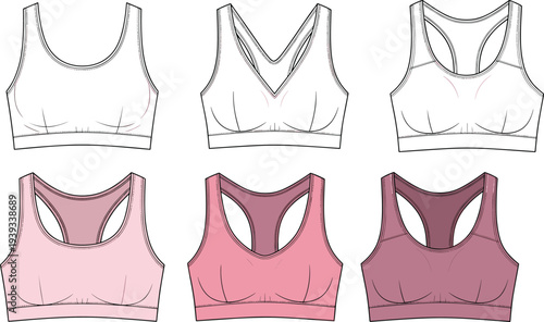 Sports bra design front view set, fashion sketch in color and line art, cad drawing flat vector illustration