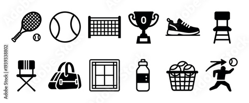 Set of black tennis sport icons including a racket, ball, net, trophy, umpire chair, and player silhouette in a clean minimalist glyph style