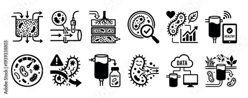 Set of black glyph icons related to microbiology, water filtration, soil analysis, and bioremediation technology concepts for science and environmental infographics