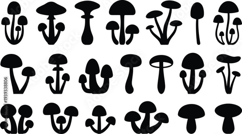 "Black mushroom silhouettes collection, diverse fungi shapes, educational botanical illustration set, nature inspired graphic design elements, vector mushroom icons"