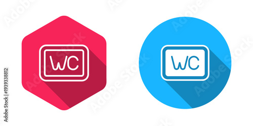 Filled and outline Toilet icon isolated with long shadow background. WC sign. Washroom. Vector