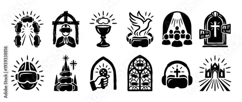 Set of black icons showing religion and virtual reality technology combined in a collection of simple glyphs representing the metaverse church, digital faith, and online spirituality