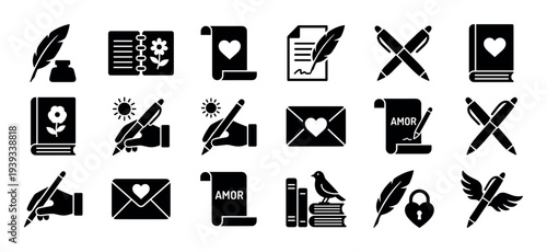 Black glyph icons set for writing poetry and love letters, featuring a quill, inkwell, romantic book, envelope with a heart, and a hand holding a pen in a flat silhouette style