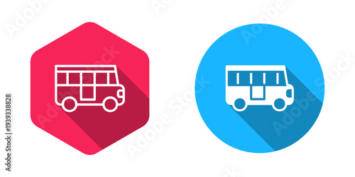 Filled and outline School Bus icon isolated with long shadow background. Public transportation symbol. Vector