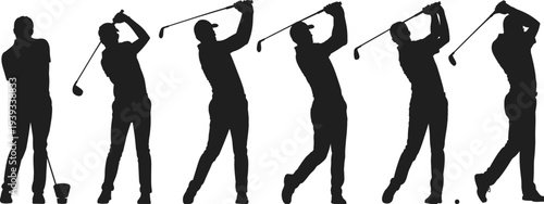 Silhouette golfer swing sequence, golf technique illustration, sports training artwork, backswing to follow-through, athletic motion, golf instruction designSilhouette golfer