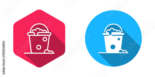Filled and outline Bucket with foam and bubbles icon isolated with long shadow background. Cleaning service concept. Vector
