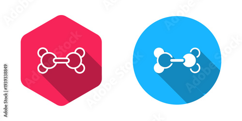 Filled and outline Molecule icon isolated with long shadow background. Structure of molecules in chemistry, science teachers innovative educational poster. Vector