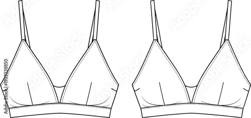 Bralette technical sketch, triangular cups, seam and dart details, underband support, cad drawing flat vector illustration