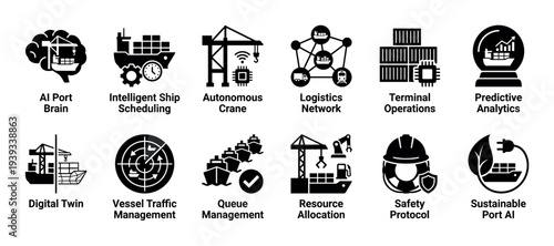 Set of black solid glyph icons representing smart port technology concepts like AI, logistics, autonomous cranes, and sustainable shipping for modern maritime industry presentations