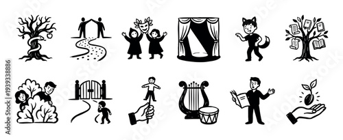 Set of black and white hand-drawn icons representing storytelling, theater, and personal growth concepts like knowledge, journey, and new beginnings in a simple graphic style
