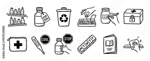 Hand-drawn medicine safety and healthcare icons set showing pill organization, expiration dates, proper disposal, and first aid concepts in a simple black and white sketch illustration