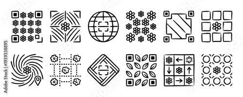 Collection of hand-drawn QR code style icons with floral and abstract elements, showcasing a creative and artistic approach to digital scanning technology in a minimalist doodle set