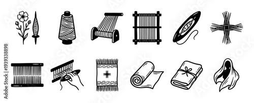 Set of black and white icons showing the process of weaving from flax to finished fabric, including a loom, shuttle, and thread in a hand-drawn graphic style