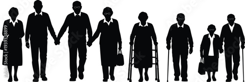Aging couple silhouette, life stages progression, elderly support, walking aid illustration, senior love, flat vector, cad drawing flat vector illustration