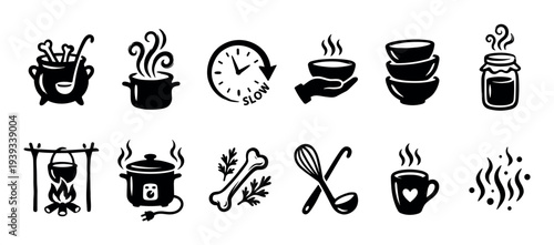 Diverse collection of black cooking icons depicting soup, broth, and slow cooking with a pot, cauldron, bones, and kitchen utensils in a simple graphic glyph style