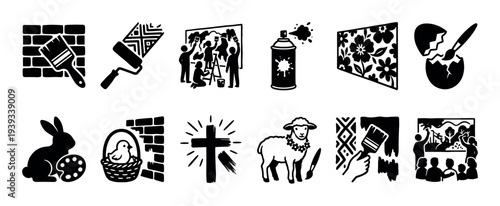 Set of twelve black and white icons depicting themes of art, painting, creativity, and Easter, featuring a bunny, lamb, cross, egg, paintbrush, and spray can in a bold graphic style