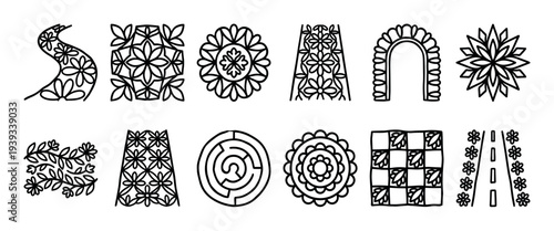 Set of twelve hand-drawn garden-themed icons featuring floral paths, mandalas, a maze, and decorative elements in a minimalist black and white line art doodle style