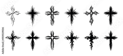 Collection of twelve hand-drawn Christian crosses in various artistic grunge and ink sketch styles, featuring diverse decorative elements like dots, swirls, and brushstrokes