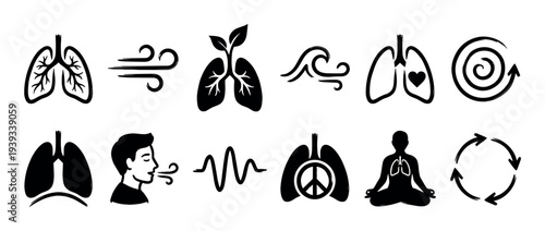 Set of black hand-drawn breathing icons showing lungs, air flow, meditation, and wellness symbols in a minimalist brush stroke style for health and mindfulness concepts