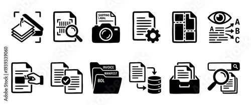 Set of black and white icons representing document management, data extraction, and logistics processes like scanning, OCR, validation, and archiving in a simple glyph style