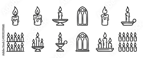 Set of hand-drawn gothic icons featuring burning candles, ornate candlesticks, and arched cathedral windows in a simple black and white line art doodle style for a fantasy theme