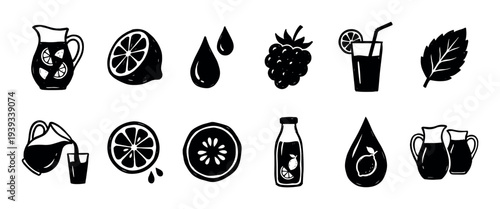 Black and white hand-drawn lemonade icon set with a pitcher pouring into a glass, citrus slices, a berry, and a mint leaf in a simple graphic doodle illustration style